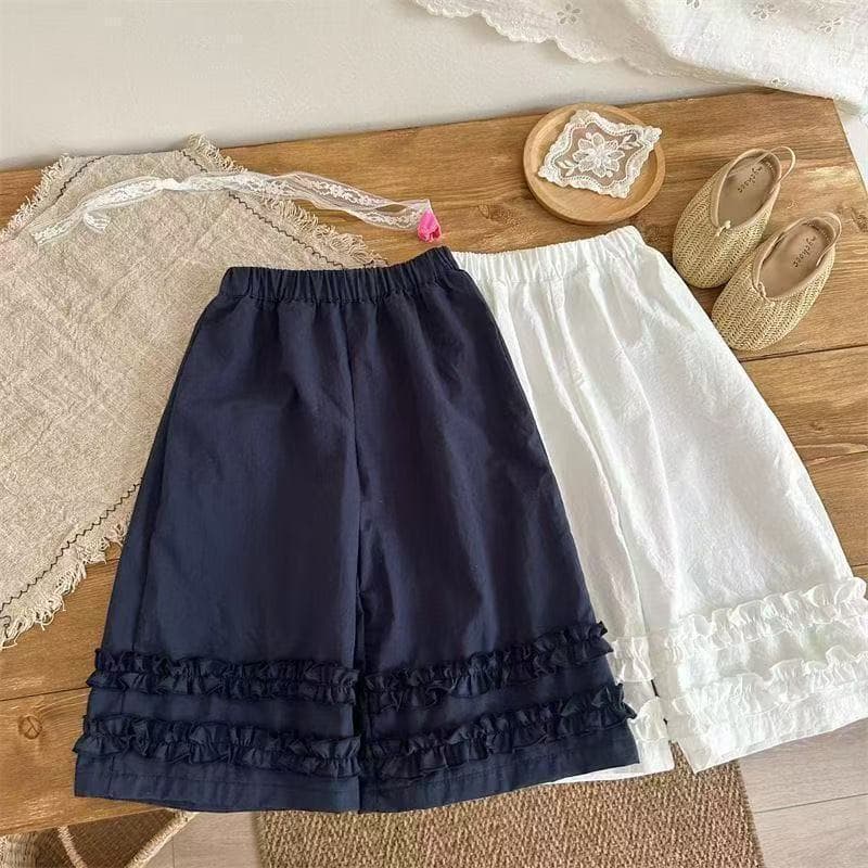 2026 new summer wide-leg pants for girls, medium and large children's Korean style lace nine-point pants, elastic waist, versatile casual pants