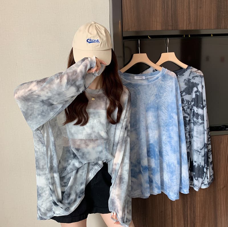 Mesh Sun Protection Clothing Summer Casual Printed Headlong Sleeve Women T-shirt Top Transparent Korean Style Loose