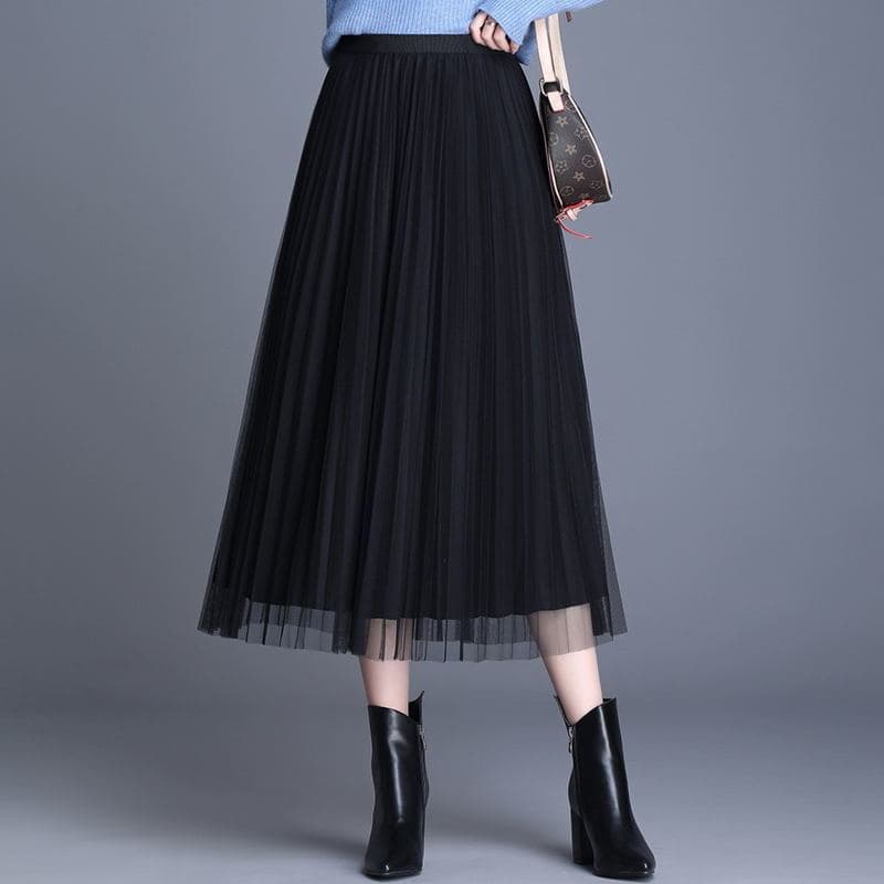 Reversible Mesh Skirt, Women's Mid-Length Spring/Autumn New Style High-Waist Pleated Skirt, Draping Long Skirt