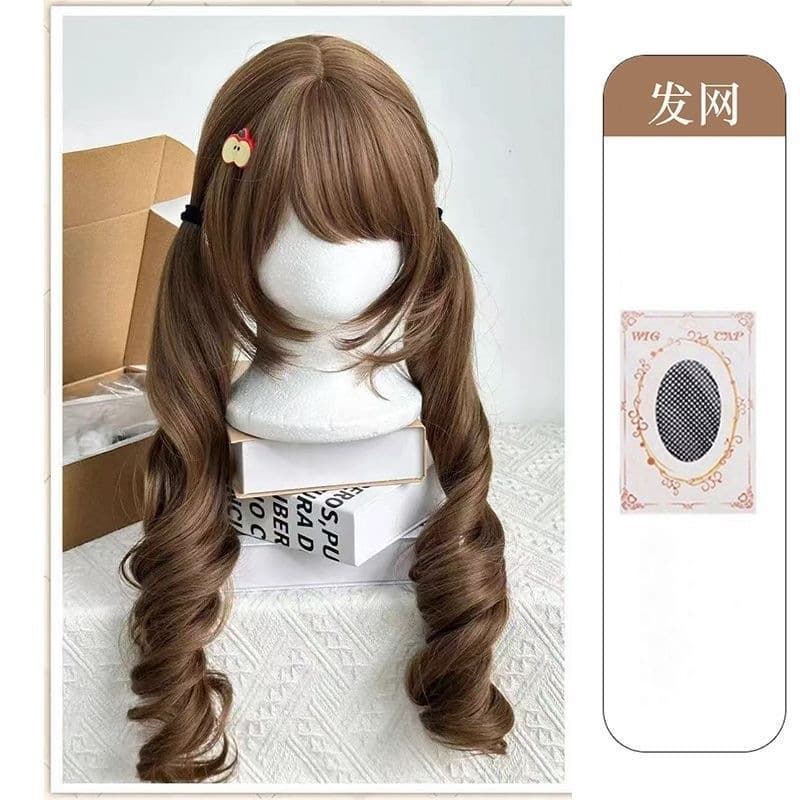 Women's Long Curly Wig Lolita 75cm Pre-tied Double Ponytails Honey Tea Flaxen Junior Curly Full Wig