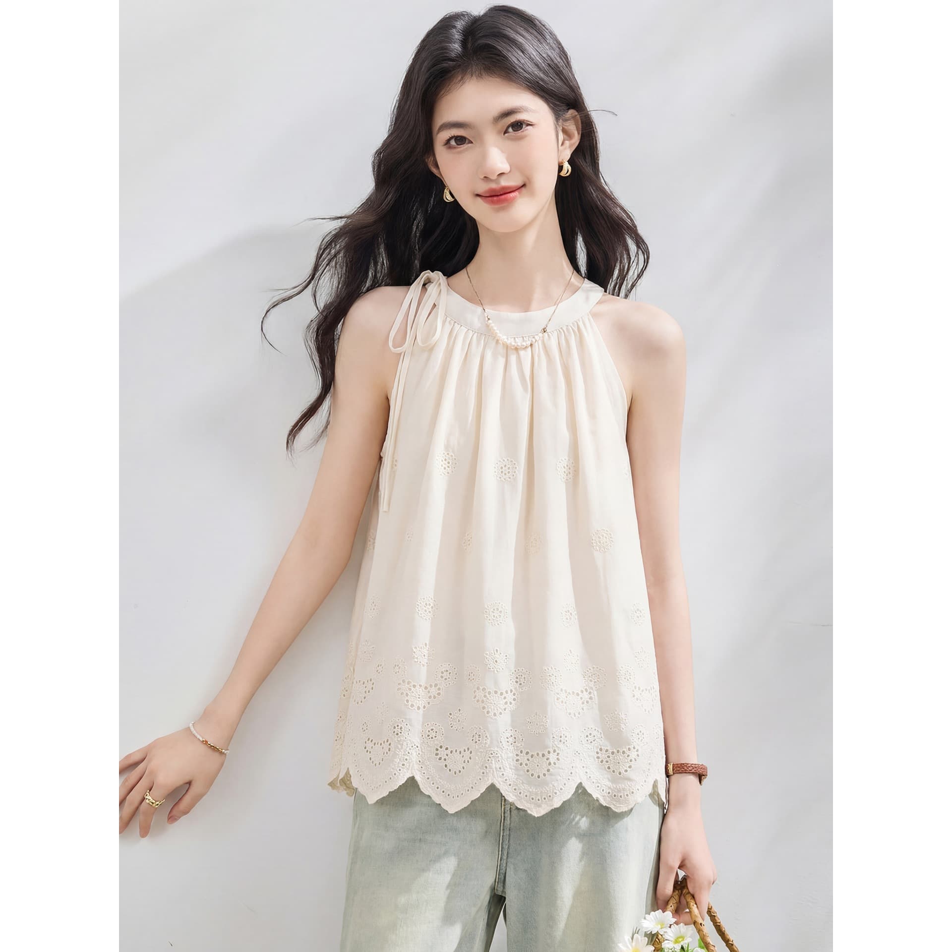 In Stock Summer New Sleeveless Blouse Women Loose Babydoll Vest Top Women Summer Top Apricot