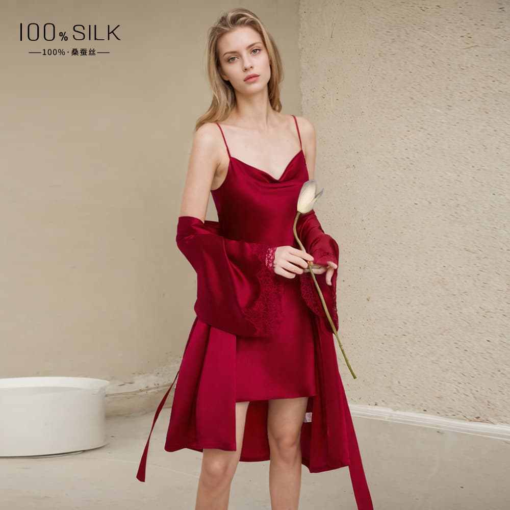 Silk Robe for Women Sexy Sleepwear Wedding Red Bride Morning Gown Mulberry Silk Nightgown Loungewear