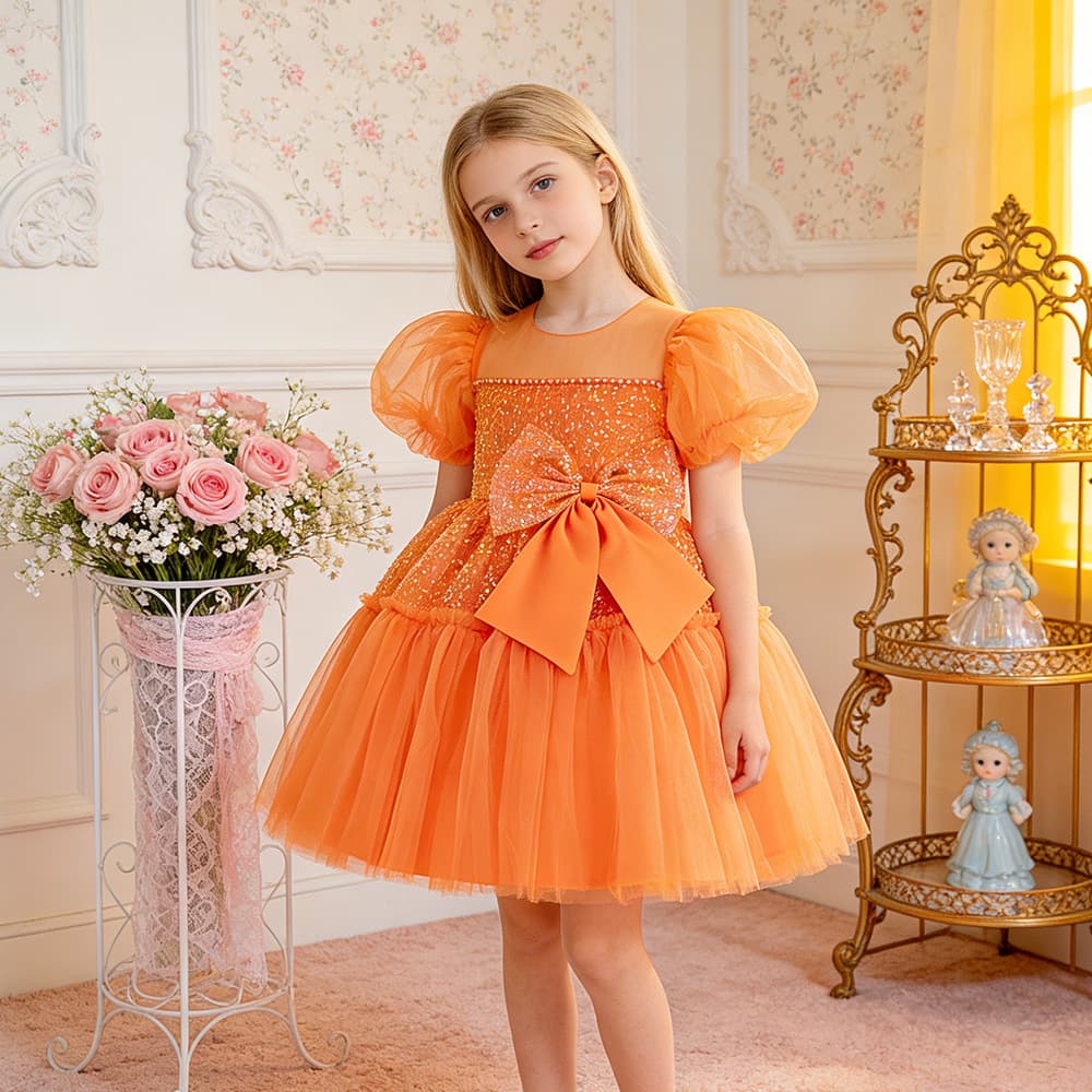 Children's Puff Sleeve Flower Girl Tulle Dress Birthday Princess Dress Wedding Tutu Host Child Formal Wear