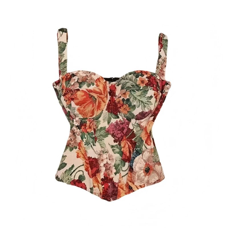 Exclusively for Export: Vintage Floral Print Slim-Fit, Waist-Cinching, Figure-Flattering Streetwear Corset Top