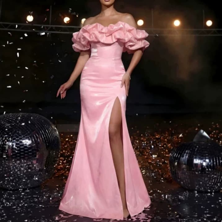 European and American High-End Light Luxury Off-Shoulder Gown, Pink Ruffled Host Dress with Slit, Sexy Strapless Stage Evening Dress