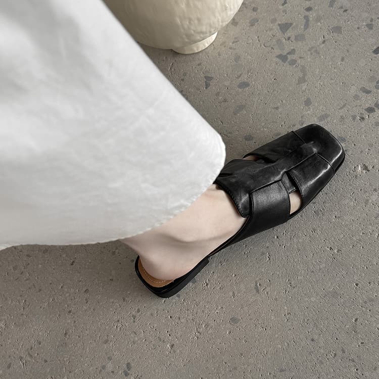 2025 New Genuine Leather Closed-Toe Mules for Women, Fashionable and Versatile Square Toe Casual Flat Sandals, Elegant