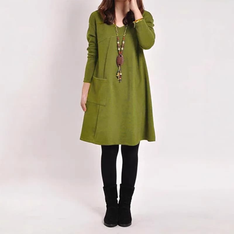 Women's Loose Long Sleeve O-Neck Dress Casual Pure Color Vest Dress with Pockets Autumn Winter Fashion Korean Style Midi Dress