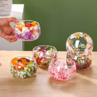 In Stock, Real Flower Double-Layer Glass Salad Bowl, High-Borosilicate Glass, Creative Fruit Salad Bowl