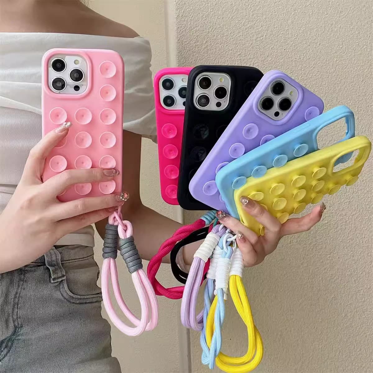 Xiaohongshu new model suitable for Apple 15promax silicone suction cup lanyard mobile phone case iphone15 all inclusive 14pm