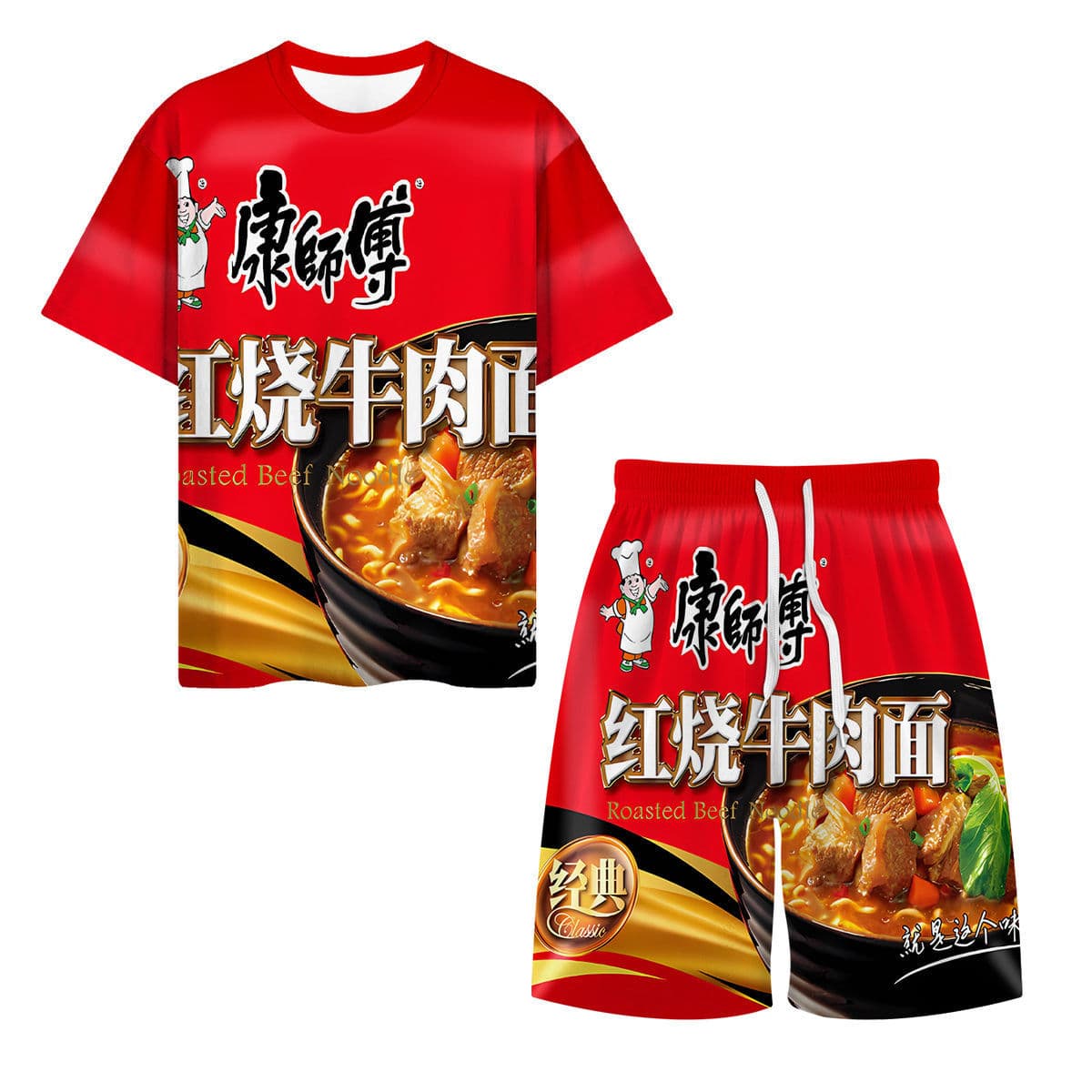 Summer Kangshifu Braised Beef Noodle Instant Noodle 3D Print T-Shirt Fashionable Loose Quirky Men and Women Funny Short Sleeve