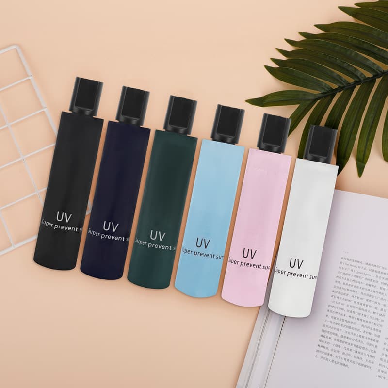Automatic UV folding umbrella with premium black coating for UV protection, convenient sun and rain use, logo printing available.