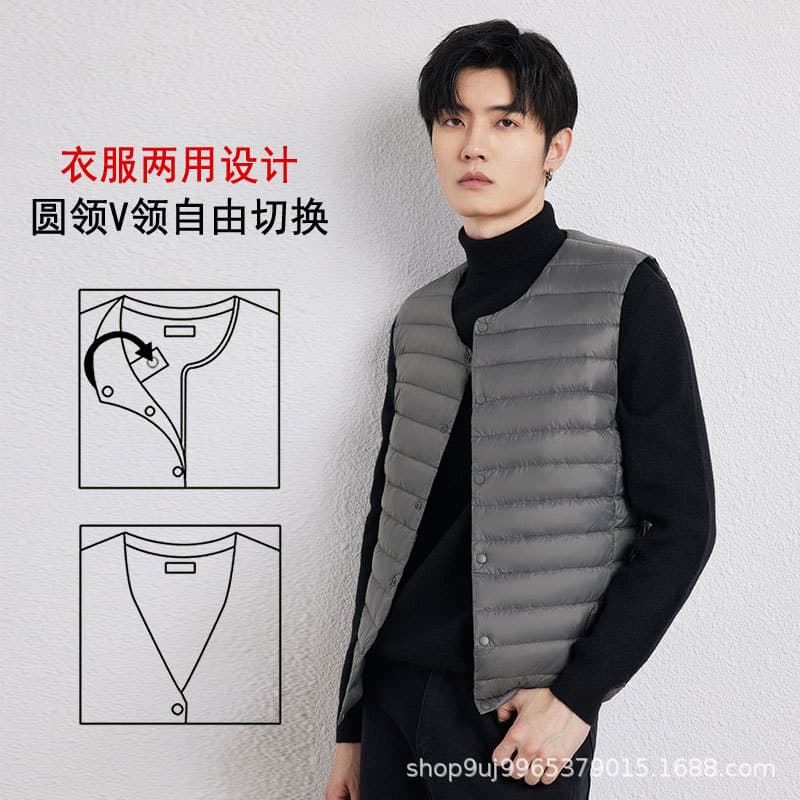 2025 New Men's Collarless Down Vest, V-Neck Lightweight Down Jacket, Warm Inner Wear Large Size Vest Coat