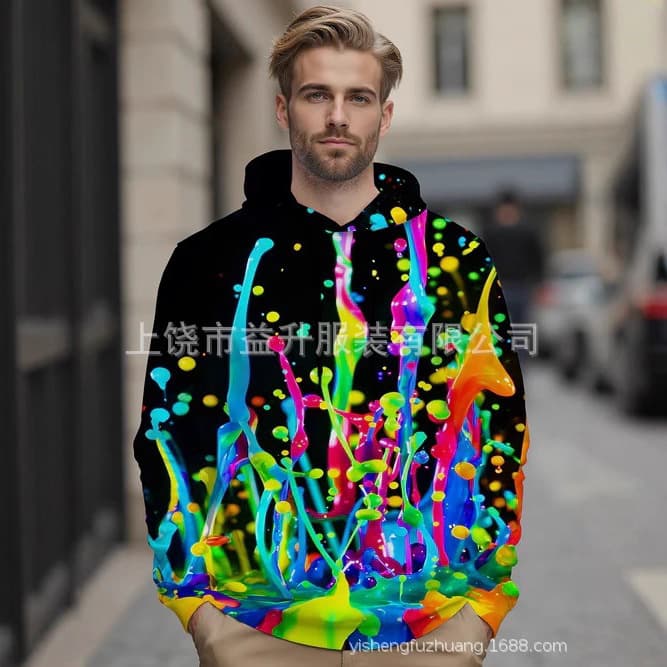 Overseas Style Men's Hoodie with Fleece Lining, Fashionable New Swirl Hood 3D Digital Print Colorful Sweatshirt for Cross-Border E-commerce