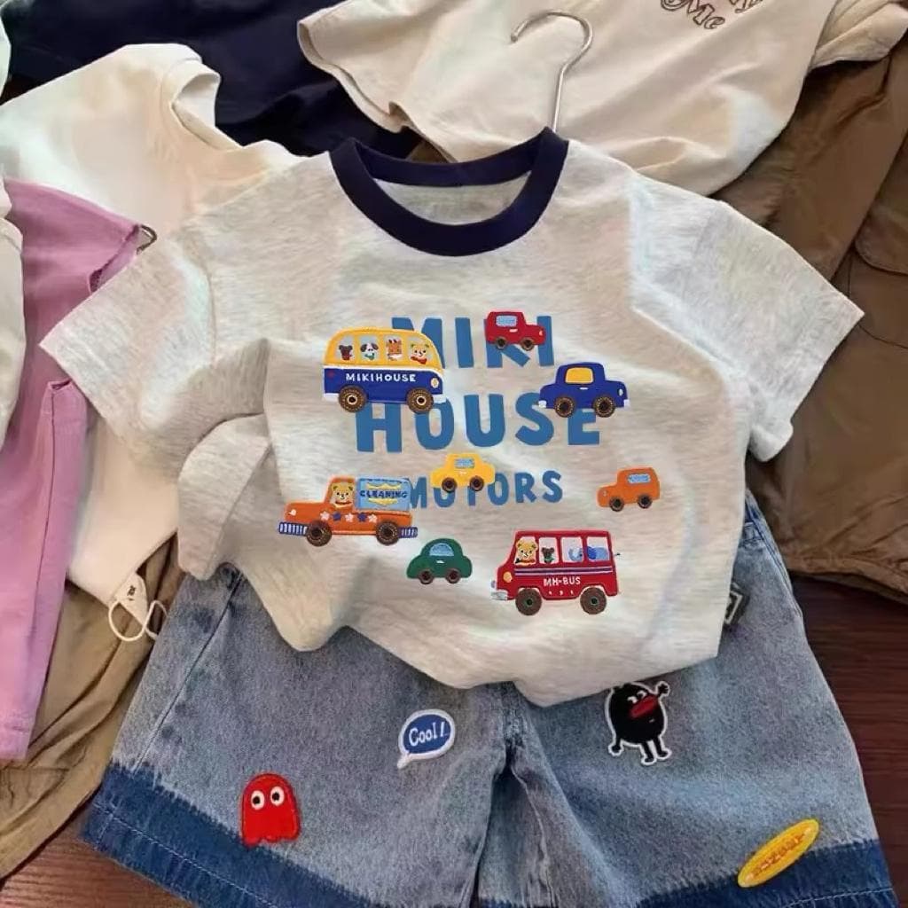 2026 New Summer Children's Short Sleeve Cotton T-Shirt for Boys and Girls Cartoon Car Team Base Layer Korean Style Printed Top