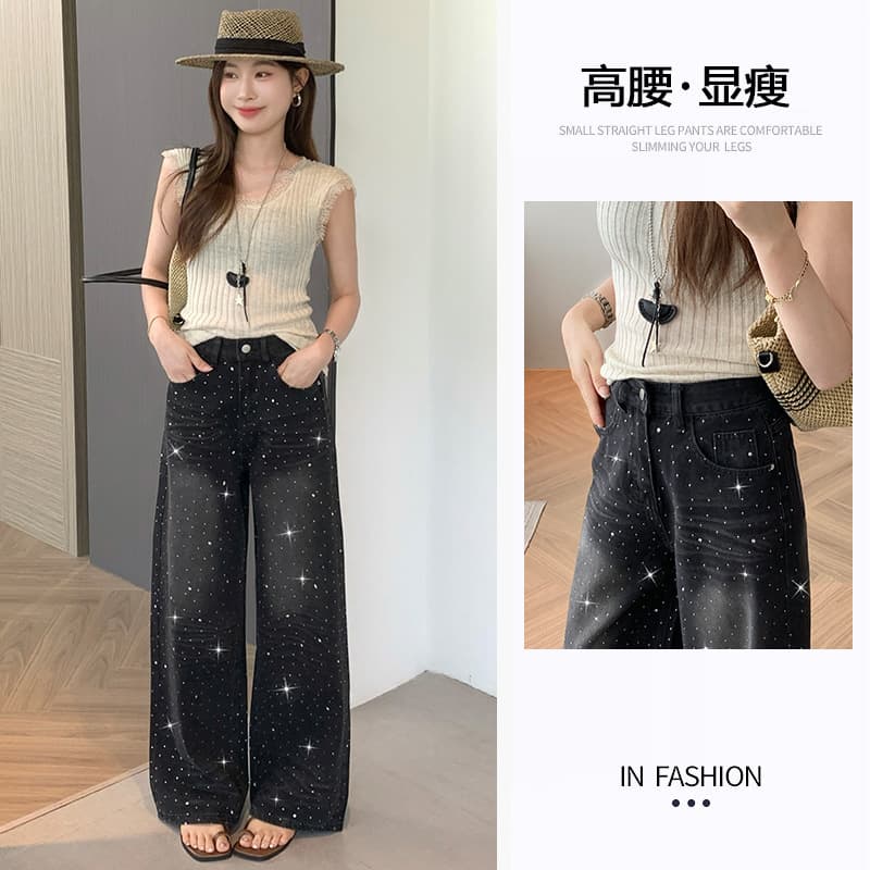 Black-Gray Sparkling Star Rhinestone Flared Jeans Women Spring 2026 New High-Waist Floor-Length Curved Leg Pants