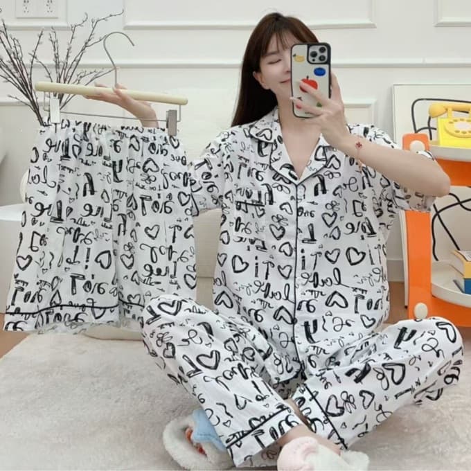 Yunduo cotton pajamas women's three-piece spring and summer lapel cardigan short-sleeved shorts trousers girl's casual home wear set