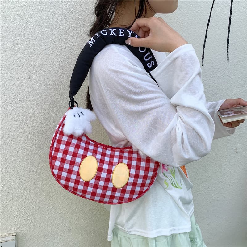 Japanese Cartoon Mickey Plaid Shoulder Crossbody Bag for Women, Niche Design Cute Canvas Bag, Fresh Handbag