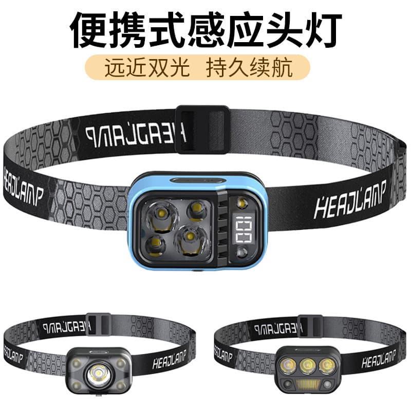 Cross-border lightweight LED induction headlamp TYPE-C charging charger display outdoor running lighting fishing headlamp