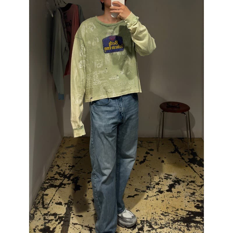 Paly Hollywood retro distressed letter print long-sleeved T-shirt loose ripped vintage top