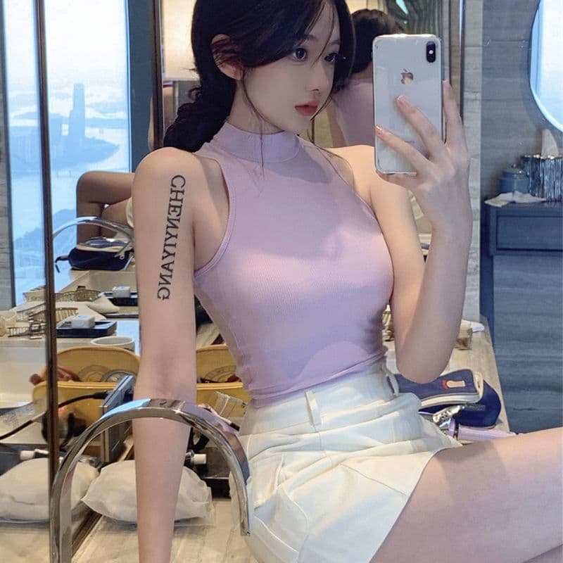 Short Half Turtleneck Sleeveless Vest Top for Women, Summer Tight Slim Fit Sexy Purple Top