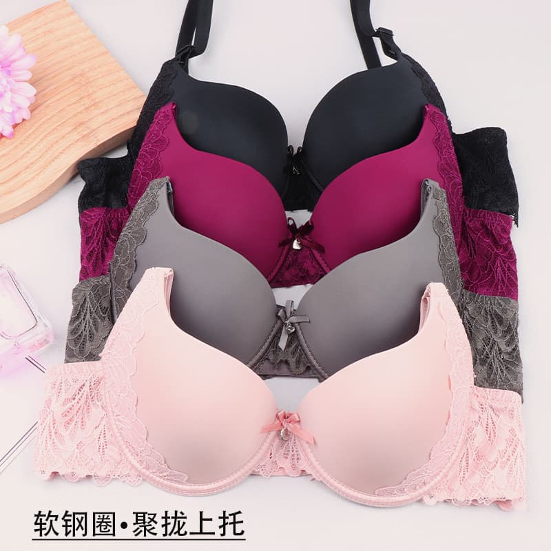 Women's Bra Push-Up for Small Bust Underwire Anti-Sagging Adjustable Bra Deep V Solid Color Smooth Lace Beautiful Back Bra