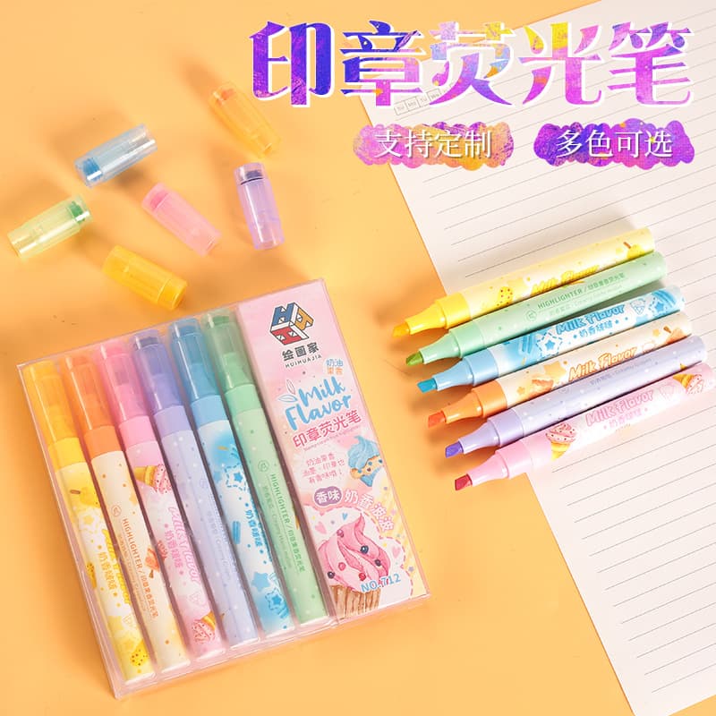 Fun stamp highlighters, milk-scented watercolor pens, creative doodle journal pens, DIY highlighting pens for students.