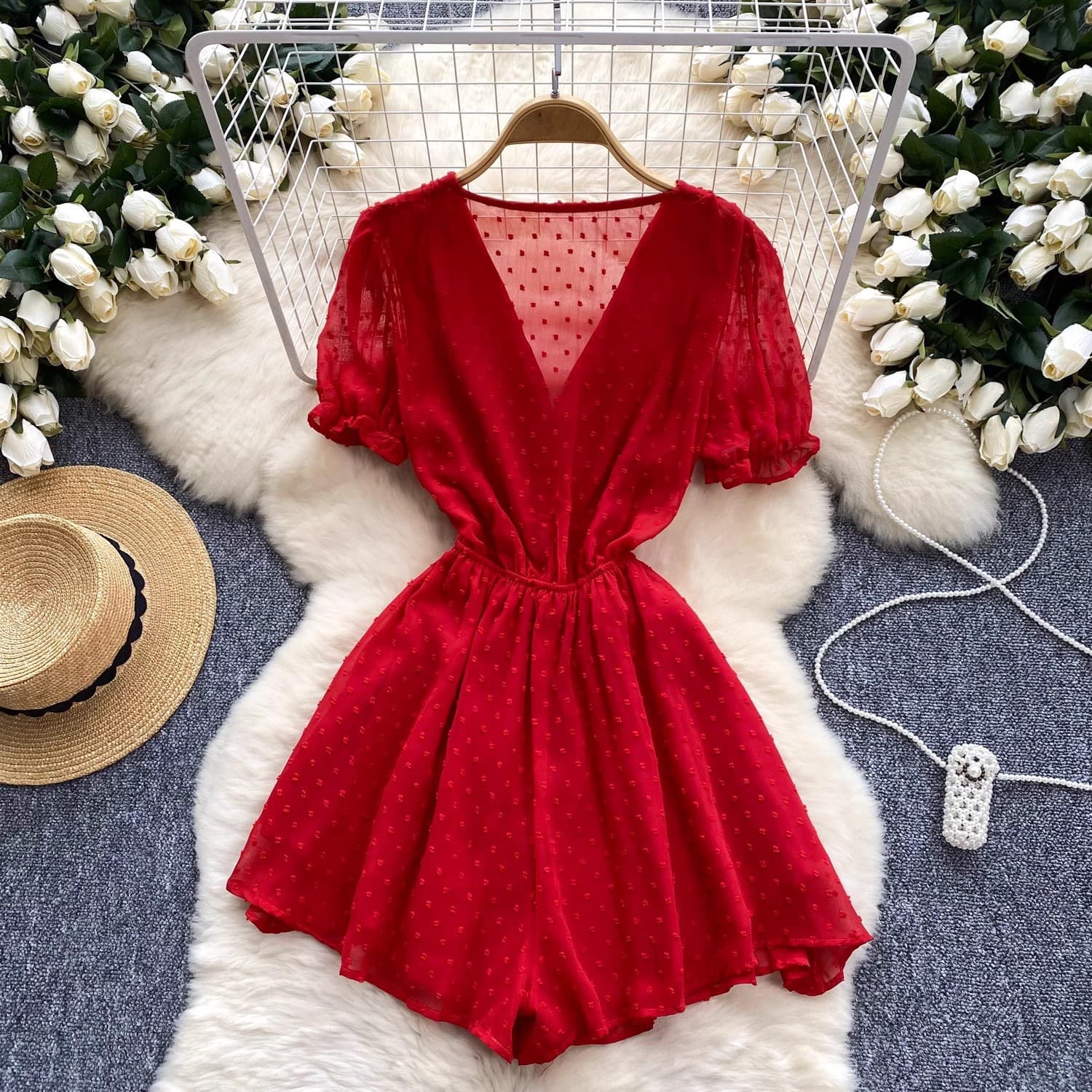 European and American Style Women's Jumpsuit for Beach Vacation, Summer New V-Neck Puff Sleeve Tie-Waist Wide-Leg Shorts