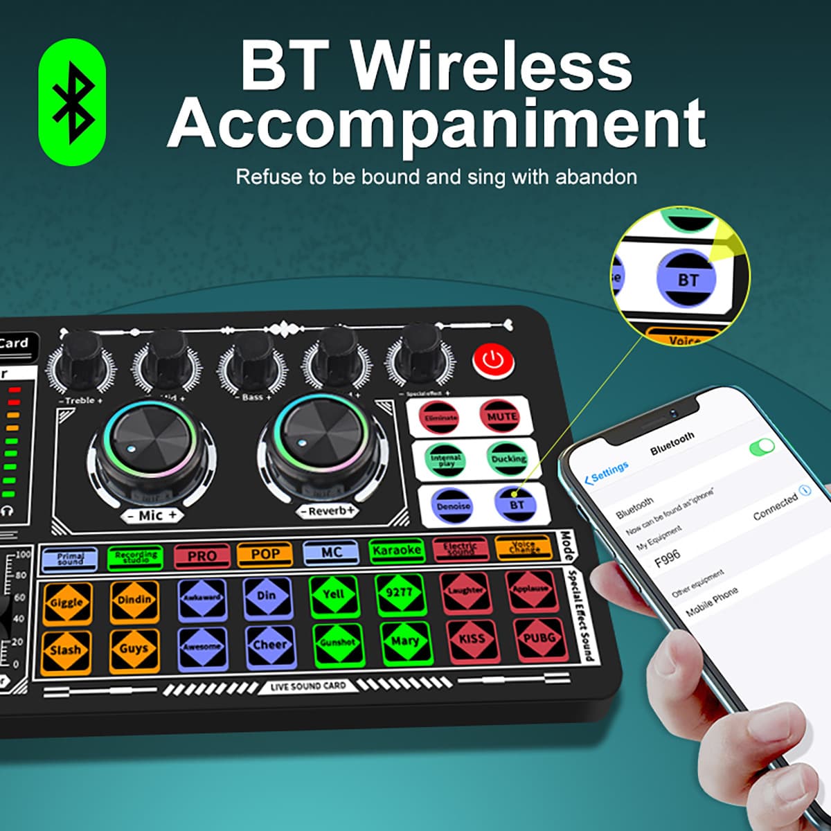 Cross-border Exclusive F999 Sound Card Live Streaming Mobile Phone Singing Dedicated Voice Changer Karaoke Sound Card Mixer English Version
