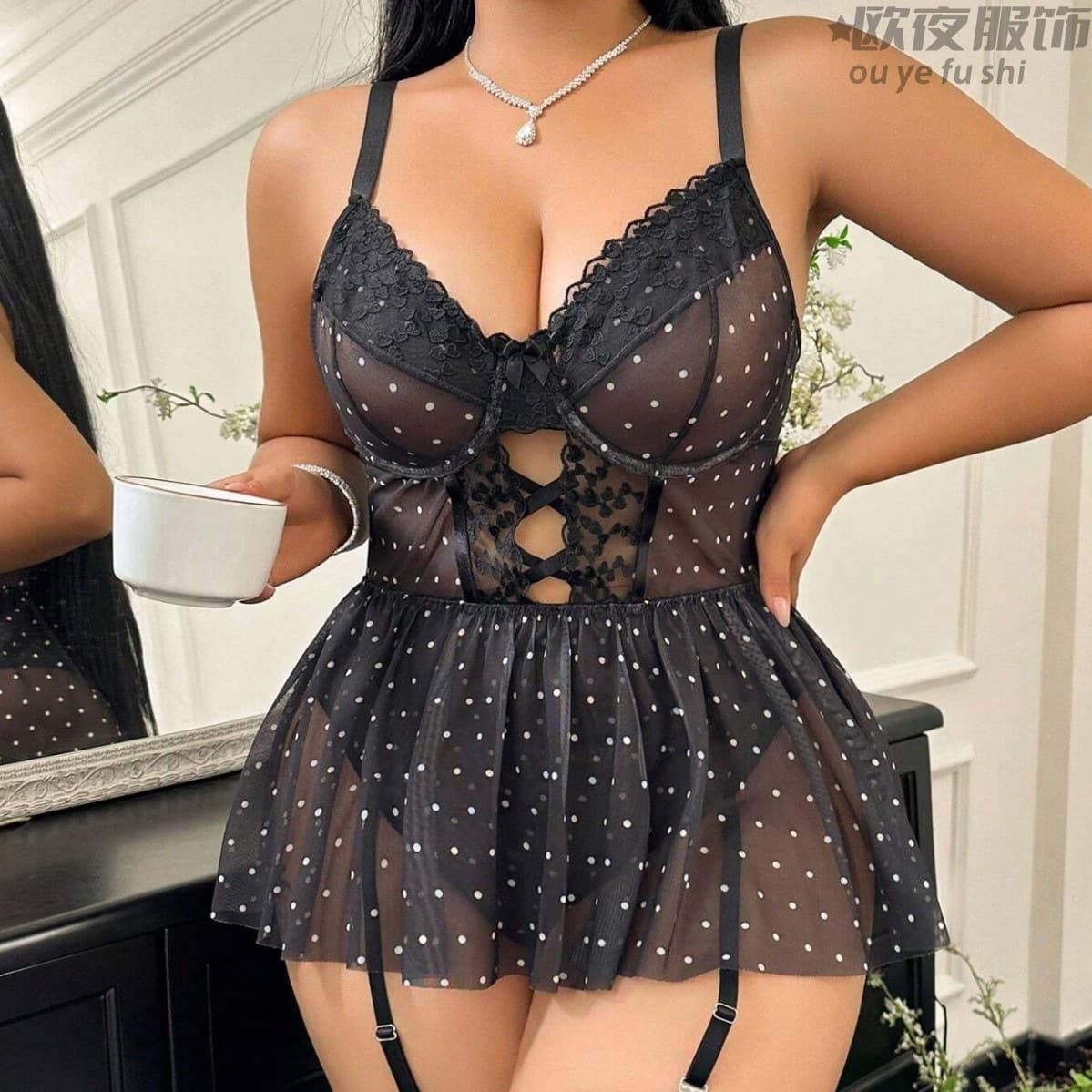 Sexy French Bodysuit for Women Summer Lace Mesh Polka Dot Plus Size Lingerie Sleepwear Thin Breathable Home Set