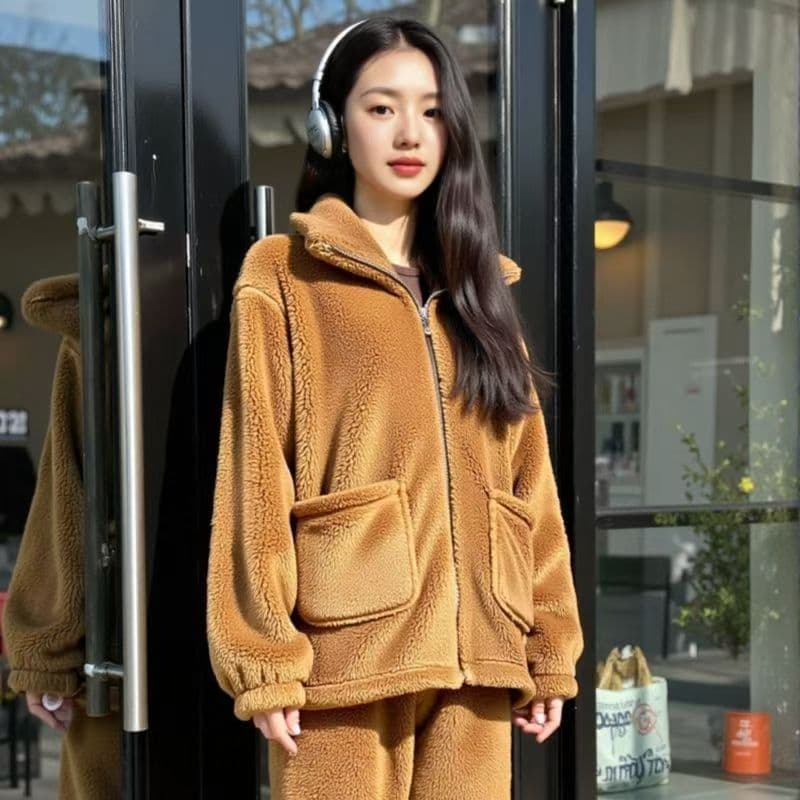 2025 Autumn Winter Solid Coral Fleece Nightgown for Women, Fleece-Lined Thickened, Cute Cartoon Flannel Set