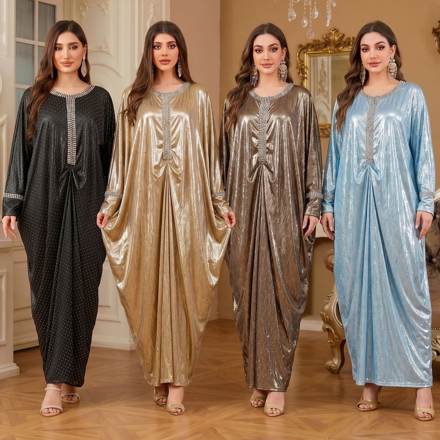 AD251203 Modified Collar Foreign Trade Plus Size Women's Fashion Rhinestone Loose Batwing Sleeve Dress Hotfix Dress Wholesale