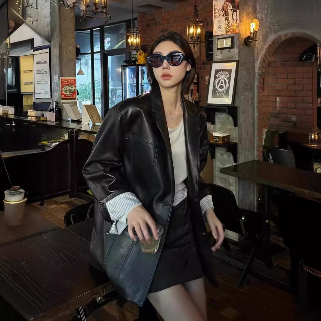 Leather Wide Fit Plant-Tanned Genuine Leather Blazer Jacket for Women Vintage Black Sheepskin Coat Spring/Autumn Mid-Length
