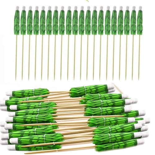 Disposable palm tree picks, octagonal umbrella picks, fruit platter and beverage decoration, bar party setup