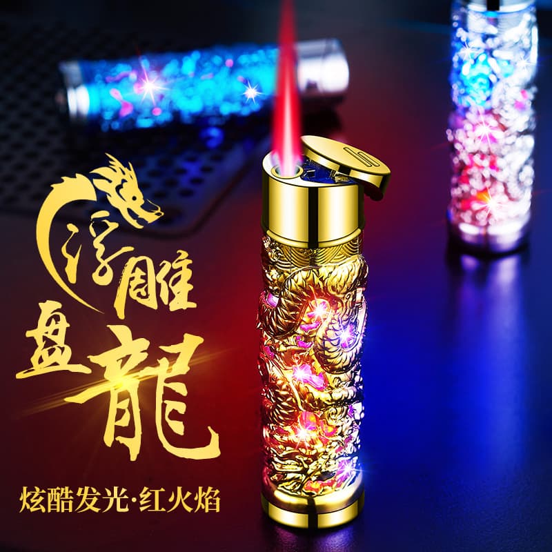National Trend Cylindrical Relief Dragon Windproof Lighter Refillable Creative Personalized Pink Flame Direct Jet Lighter Premium