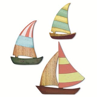 Set of 3 Vintage Thickened Wooden Sailboat Wall Art, Coastal Granny Decorative Self-Adhesive Nautical Wall Sculpture, Sea