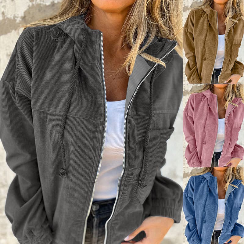 Cross-border Hot Selling Autumn New Solid Color Corduroy Hooded Jacket for Women European and American Simple Style