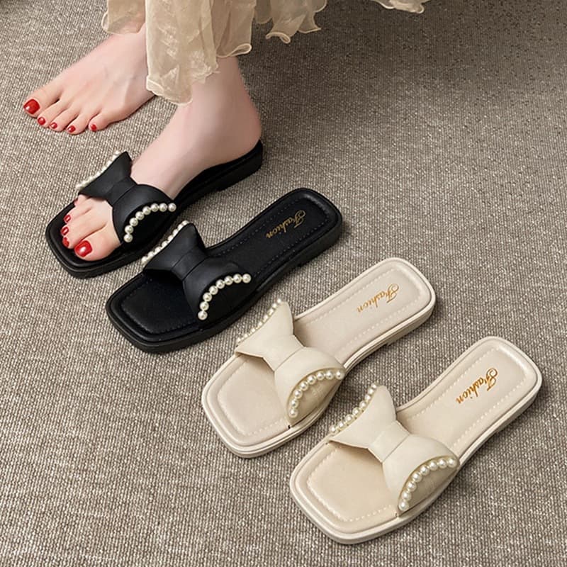 Fairy Style Women's Summer Sandals, New Spring/Summer Outdoor Versatile Roman Sandals, Trendy Square-Toe Pearl Fashion Slides for Women