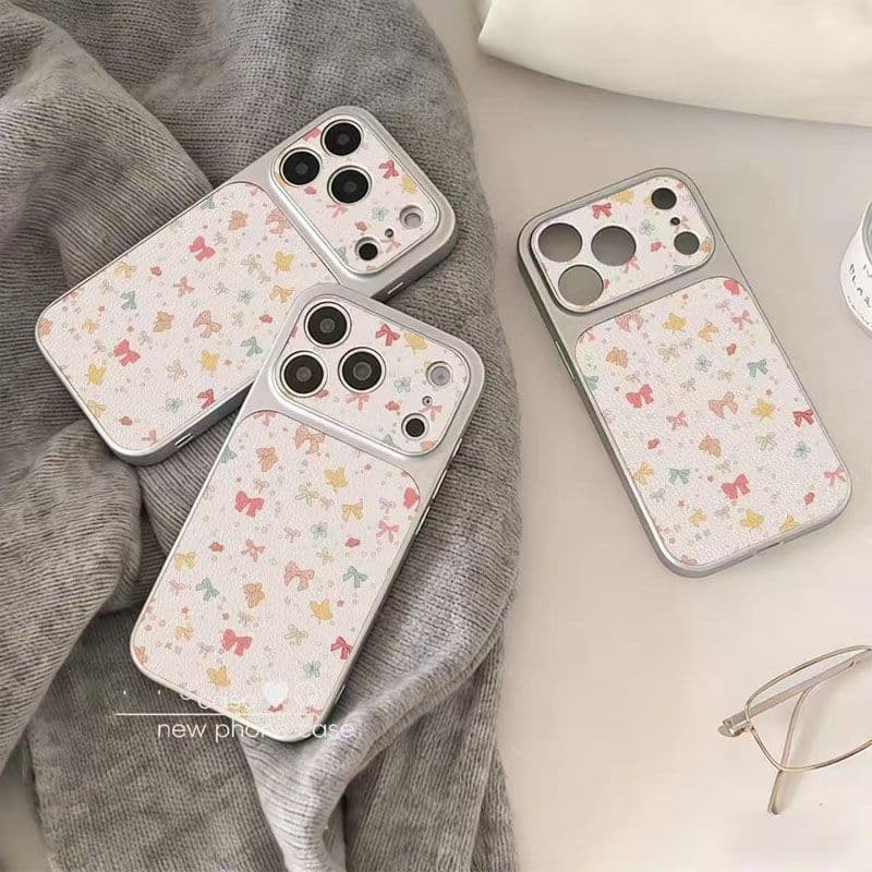 Colorful Bow Design Case for Apple 17 Pro Max, Compatible with 14 15 16 Pro Large Window 13p Silver Frame 11 Leather Texture