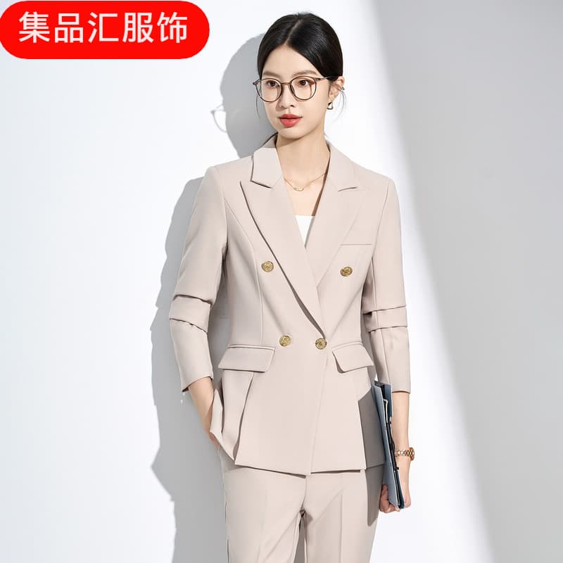 Beige double-breasted long-sleeved small suit collar jacket women's pants cross-border wholesale autumn and winter professional wear two-piece set