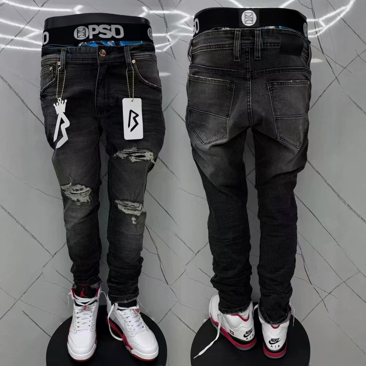 Men's European and American Slim Fit Jeans Elastic Hem Pants