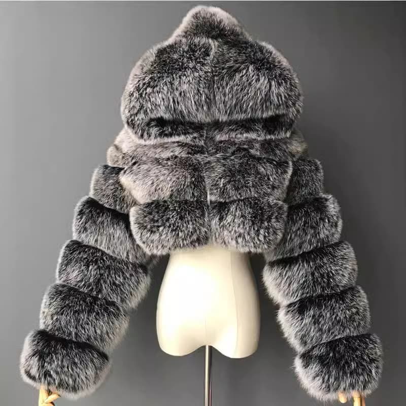 2024 European and American Faux Fur Jacket Short Hooded Faux Fox Fur Long Sleeve Patchwork Women's Coat
