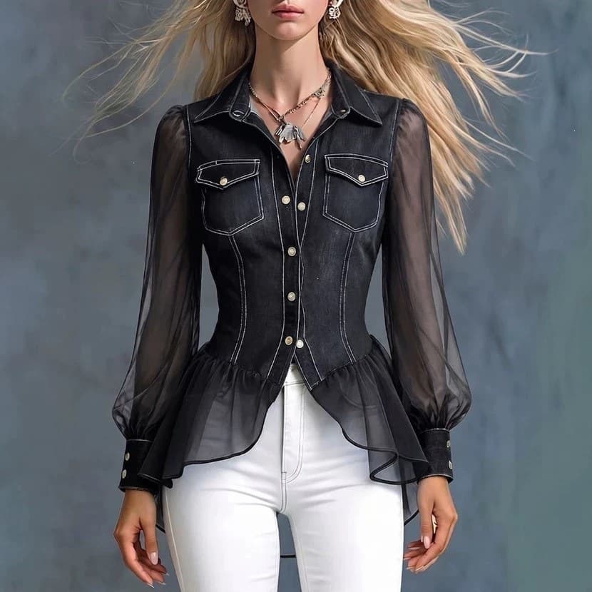 New Women's Lace Trim Fitted Casual Top, Denim-Like Lapel Long Sleeve Blouse