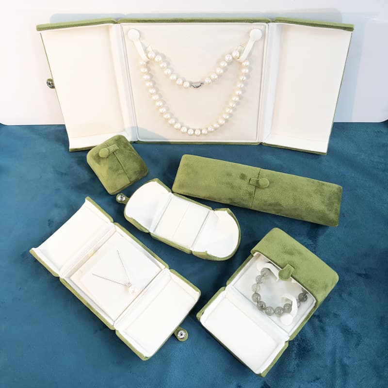 Grass Green Velvet Double-Open Jewelry Box, Fashion Pearl Jewelry Box, Ring Box, Earring Box, Necklace Box, Bead Box