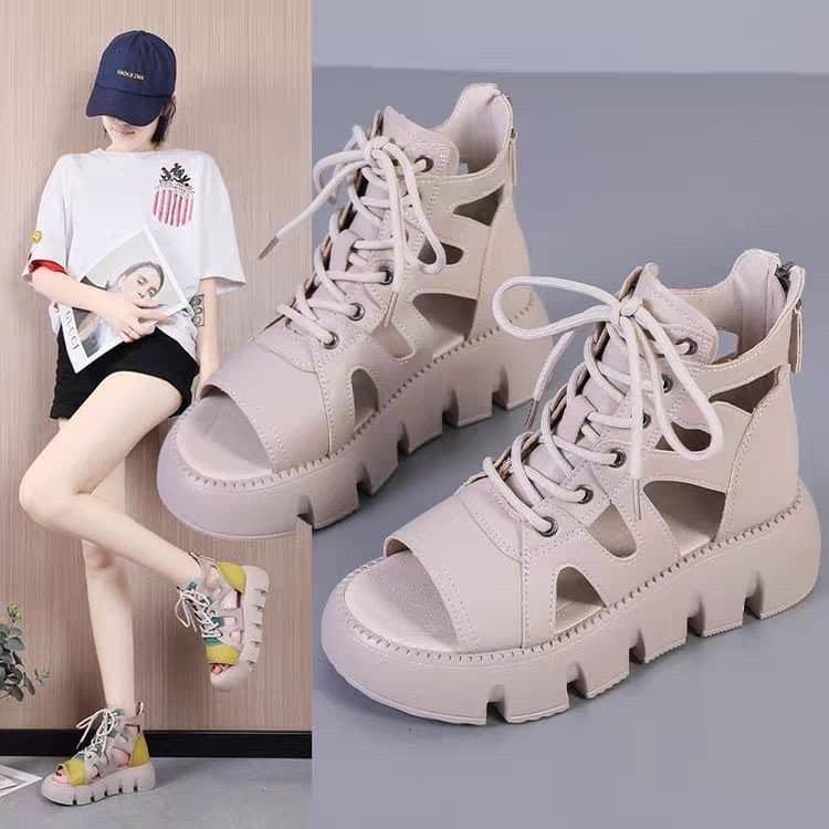 Women's Platform Sandals with Lace-Up Design, Fashionable Hollow-Out Style, Breathable and Casual Chunky Heel Roman Sandals for Summer 2026