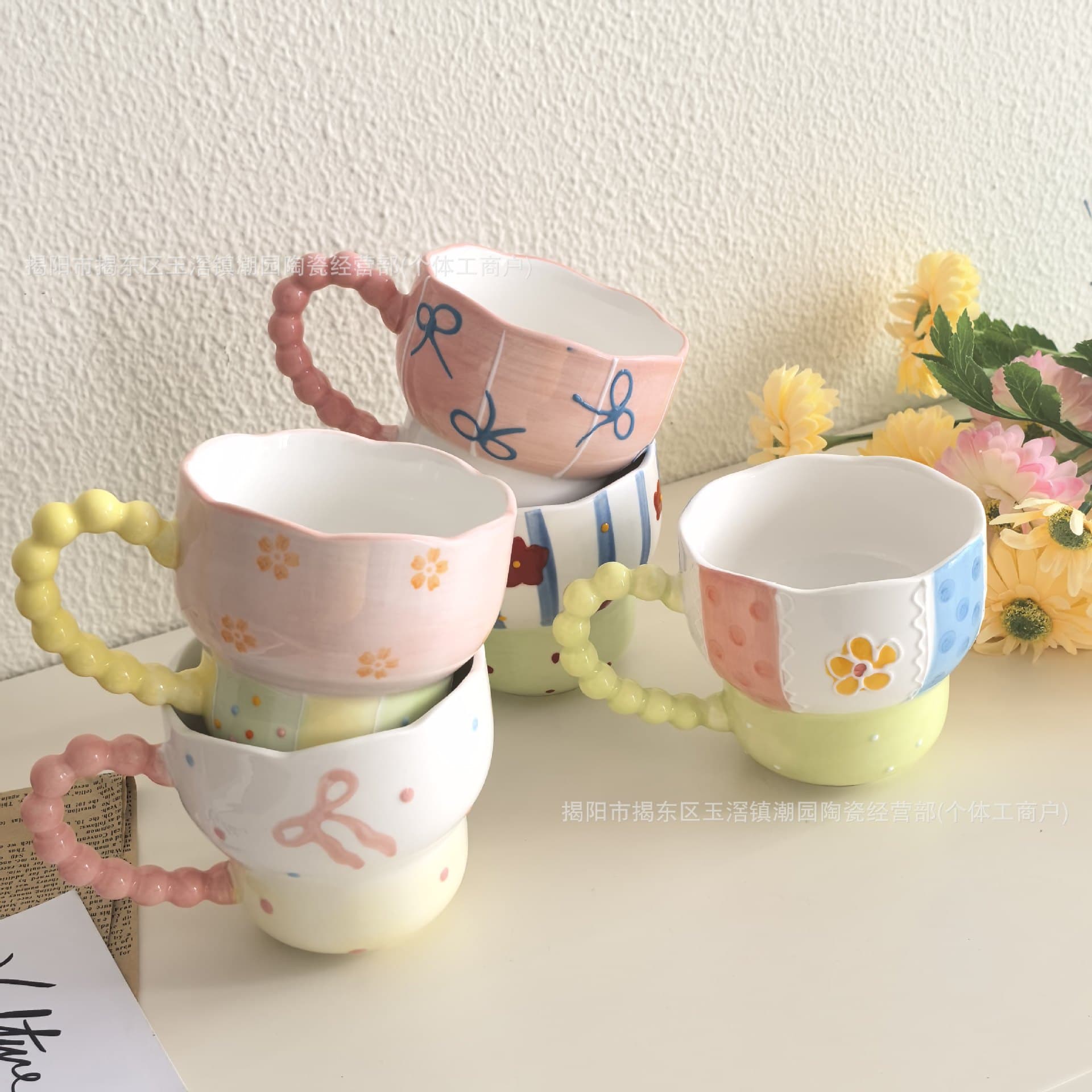 Creative Colorful Large Capacity Ceramic Mug with Underglaze Hand-Painted Flowers, High-Appearance Breakfast Milk Cup