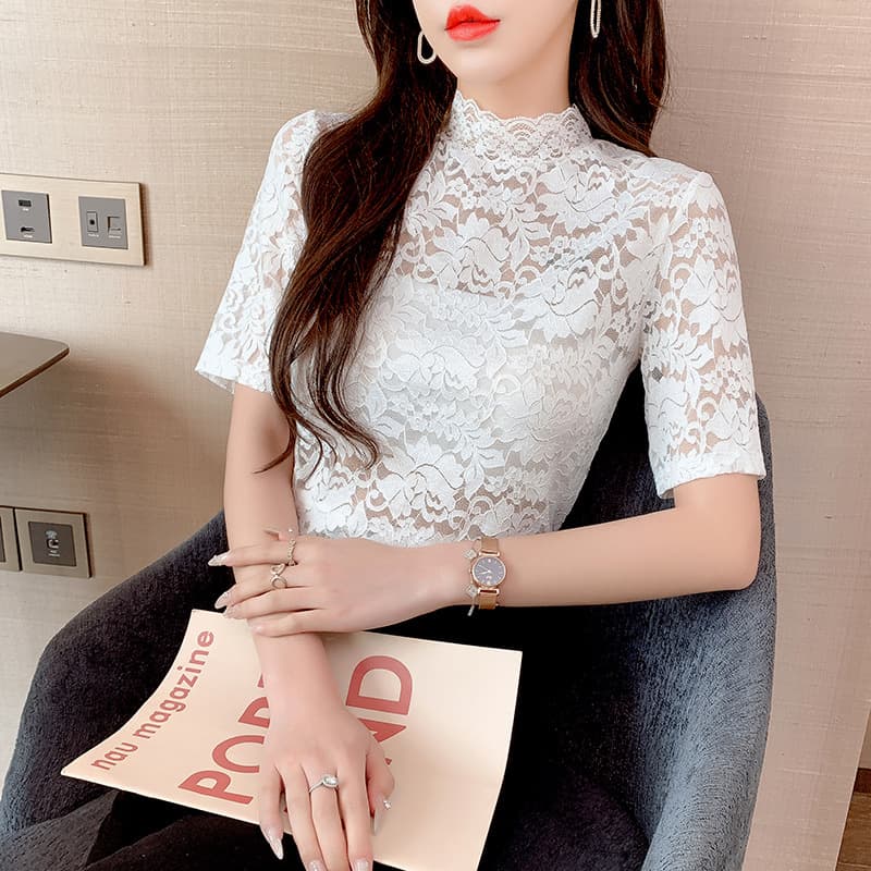 Fudaiyi 2212 Summer Hollow Lace Top Women Short Sleeve Commute Pullover Stylish Slim High Neck Outerwear Blouse