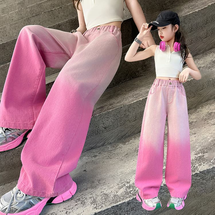 Girls Pink Gradient Jeans 2025 New Casual Straight Leg Pants for Older Girls Spring Autumn Loose Fit Trousers