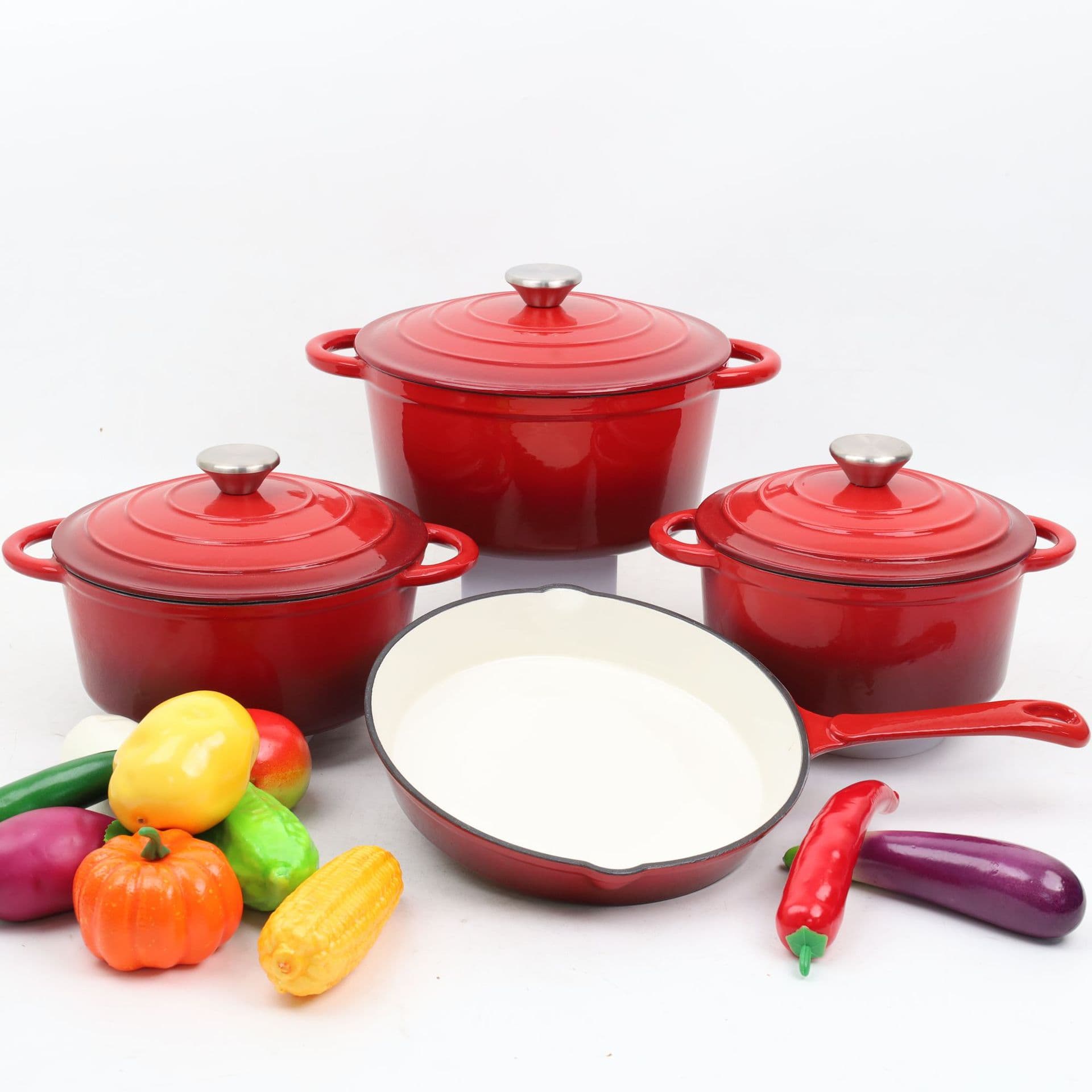 Cast Iron Enamel Pot Multi-Function Braiser and Fry Pan 4-Piece Set, Non-Stick Enamel Cookware Set Enamel Pot