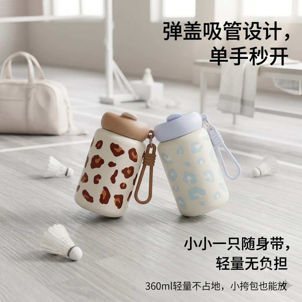 Stylish Mini Leopard Print Coffee Cup 316 Stainless Steel Dual-Drink Thermos with Carry Strap Portable Straw Cup