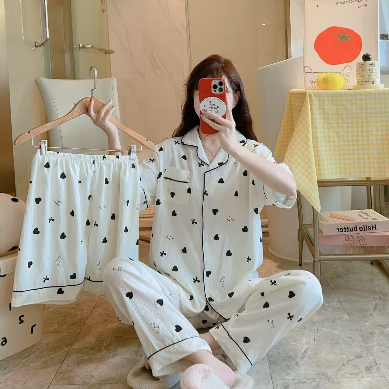 Three-piece pajamas for women summer thin cute cartoon loose large size cloud cotton outer wear short-sleeved home clothes set